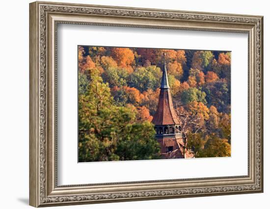 Romania, Brasov. Poarta Schei district. Clock Tower spire in autumn.-Emily Wilson-Framed Photographic Print