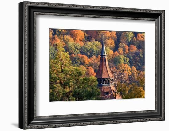 Romania, Brasov. Poarta Schei district. Clock Tower spire in autumn.-Emily Wilson-Framed Photographic Print