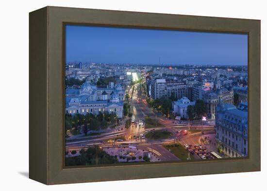 Romania, Bucharest, Piata Universitatii, Coltea Hospital at Dusk-Walter Bibikow-Framed Premier Image Canvas