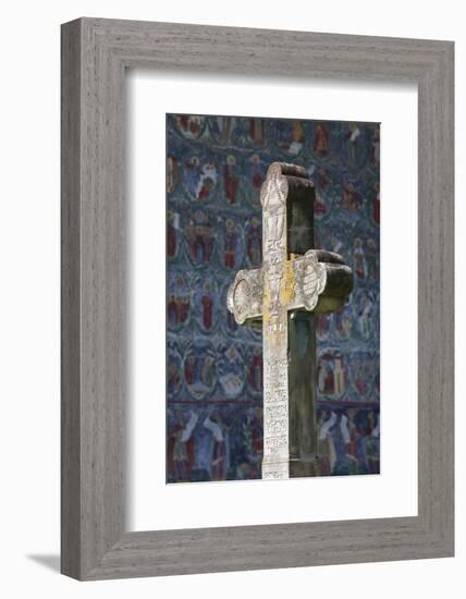 Romania, Bucovina, Sucevita, Sucevita Monastery, Frescoes and Cross-Walter Bibikow-Framed Photographic Print