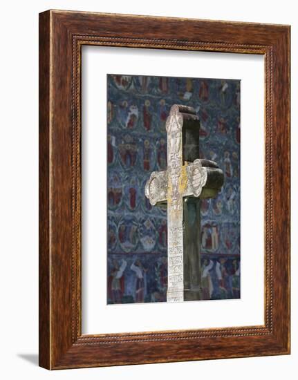 Romania, Bucovina, Sucevita, Sucevita Monastery, Frescoes and Cross-Walter Bibikow-Framed Photographic Print