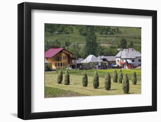 Romania, Maramures Region, Rona de Jos, Village View with Haystacks-Walter Bibikow-Framed Photographic Print