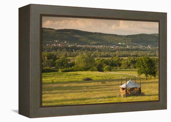 Romania, Maramures Region, Sarasau, Haystack by the Ukrainian Frontier-Walter Bibikow-Framed Premier Image Canvas