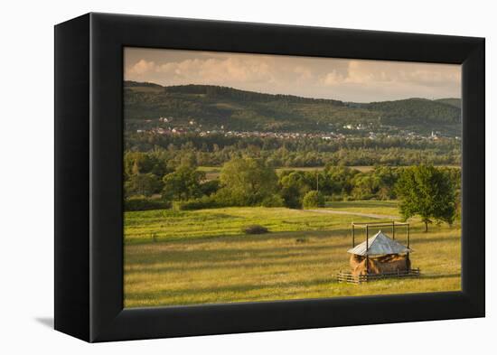 Romania, Maramures Region, Sarasau, Haystack by the Ukrainian Frontier-Walter Bibikow-Framed Premier Image Canvas