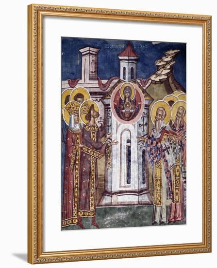 Romania, Moldovita Monastery Depicting Virgin Mary Asking for Construction of Monastery-null-Framed Giclee Print