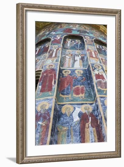 Romania, Sucevita, Sucevita Monastery, Exterior Religious Frescoes-Walter Bibikow-Framed Photographic Print