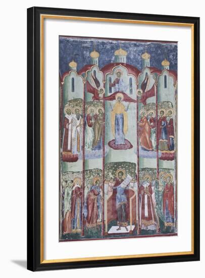 Romania, Sucevita, Sucevita Monastery, Exterior Religious Frescoes-Walter Bibikow-Framed Photographic Print