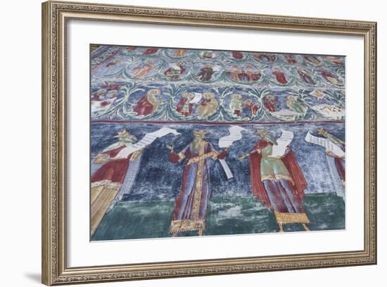 Romania, Sucevita, Sucevita Monastery, Exterior Religious Frescoes-Walter Bibikow-Framed Photographic Print