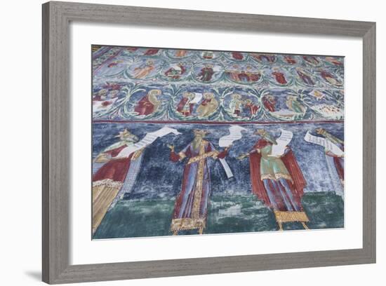 Romania, Sucevita, Sucevita Monastery, Exterior Religious Frescoes-Walter Bibikow-Framed Photographic Print