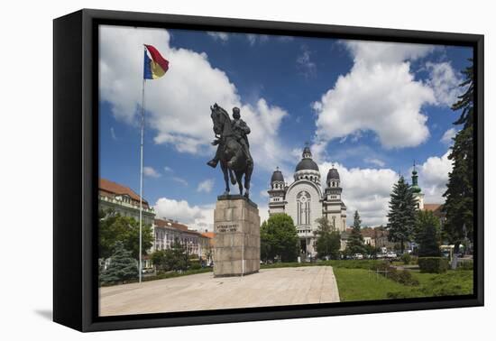 Romania, Transylvania, Targu Mures, Statue and Orthodox Cathedral-Walter Bibikow-Framed Premier Image Canvas