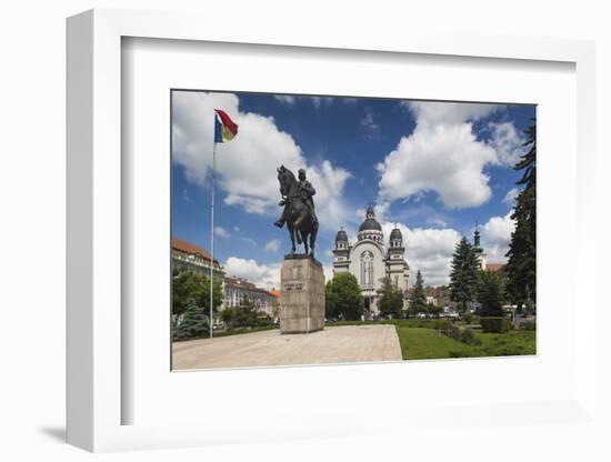 Romania, Transylvania, Targu Mures, Statue and Orthodox Cathedral-Walter Bibikow-Framed Photographic Print