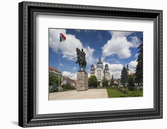 Romania, Transylvania, Targu Mures, Statue and Orthodox Cathedral-Walter Bibikow-Framed Photographic Print