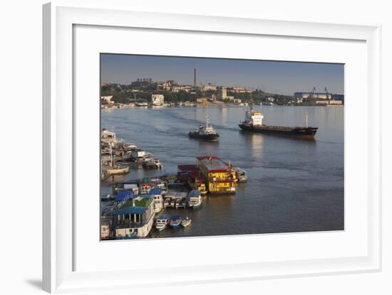 Romania, Tulcea, Freighter on the Danube River at Dawn-Walter Bibikow-Framed Photographic Print