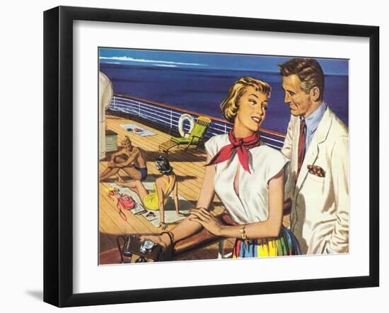 Romantic 1950s Couple on Cruise Ship-null-Framed Art Print