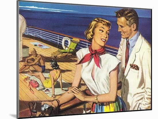 Romantic 1950s Couple on Cruise Ship-null-Mounted Art Print