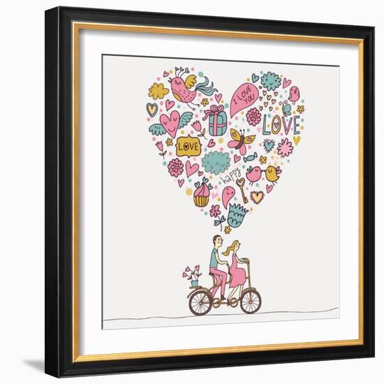 Romantic Concept. Couple in Love on Tandem Bicycle. Cute Cartoon Vector Illustration-smilewithjul-Framed Art Print