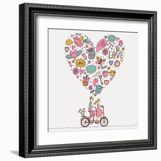 Romantic Concept. Couple in Love on Tandem Bicycle. Cute Cartoon Vector Illustration-smilewithjul-Framed Art Print