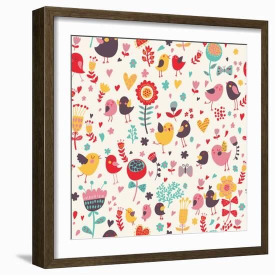 Romantic Floral Pattern with Cute Small Birds in the Garden-smilewithjul-Framed Art Print