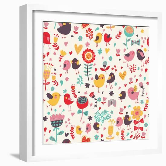 Romantic Floral Pattern with Cute Small Birds in the Garden-smilewithjul-Framed Art Print