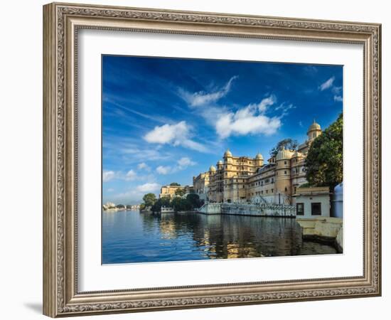 Romantic India Luxury Tourism Concept Background - Udaipur City Palace and Lake Pichola. Udaipur, R-f9photos-Framed Photographic Print