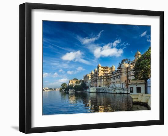 Romantic India Luxury Tourism Concept Background - Udaipur City Palace and Lake Pichola. Udaipur, R-f9photos-Framed Photographic Print