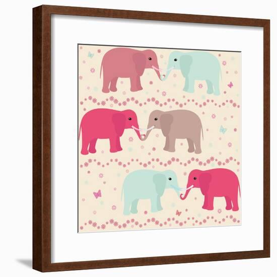 Romantic Seamless Pattern with Elephants-elein-Framed Premium Giclee Print