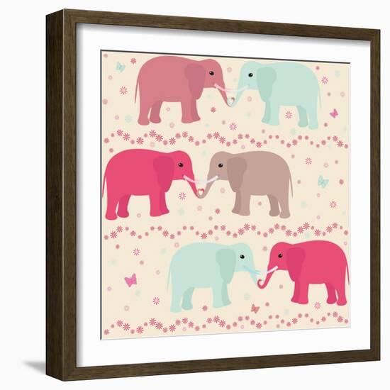 Romantic Seamless Pattern with Elephants-elein-Framed Art Print