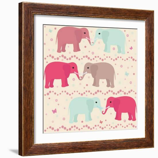 Romantic Seamless Pattern with Elephants-elein-Framed Art Print