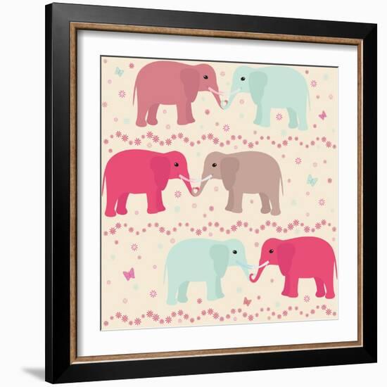 Romantic Seamless Pattern with Elephants-elein-Framed Art Print