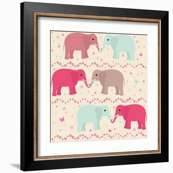 Romantic Seamless Pattern with Elephants-elein-Framed Art Print