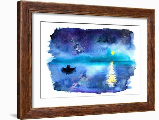 Romantic Starry Night Lake View with Full Moon and Couple in a Boat, Hand-Drawn Watercolor-Katerina Izotova Art Lab-Framed Art Print