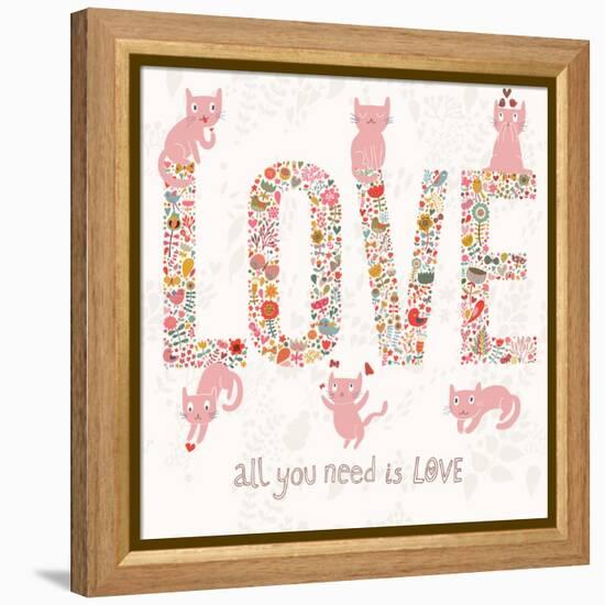 Romantic Valentines Day Card with Word Love Made Birds, Flowers, Petals, Hearts and Twigs. Cute Wed-smilewithjul-Framed Stretched Canvas