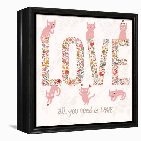 Romantic Valentines Day Card with Word Love Made Birds, Flowers, Petals, Hearts and Twigs. Cute Wed-smilewithjul-Framed Stretched Canvas