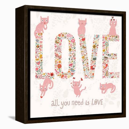 Romantic Valentines Day Card with Word Love Made Birds, Flowers, Petals, Hearts and Twigs. Cute Wed-smilewithjul-Framed Stretched Canvas