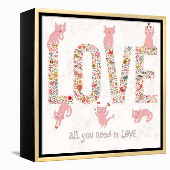 Romantic Valentines Day Card with Word Love Made Birds, Flowers, Petals, Hearts and Twigs. Cute Wed-smilewithjul-Framed Stretched Canvas