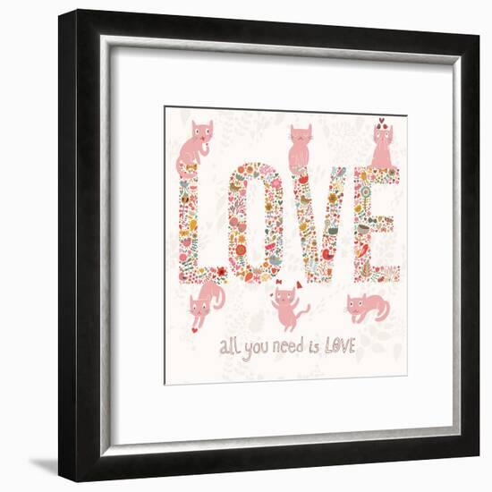 Romantic Valentines Day Card with Word Love Made Birds, Flowers, Petals, Hearts and Twigs. Cute Wed-smilewithjul-Framed Art Print