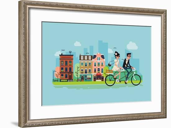 Romantic Vector Concept Illustration on Couple Going Outdoors Riding Bicycle. Young Adult Couple Ri-Mascha Tace-Framed Art Print
