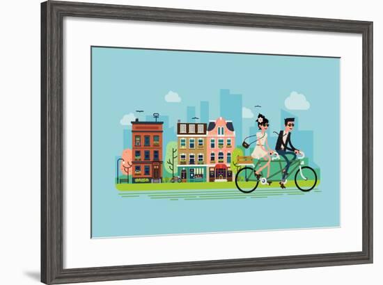 Romantic Vector Concept Illustration on Couple Going Outdoors Riding Bicycle. Young Adult Couple Ri-Mascha Tace-Framed Art Print