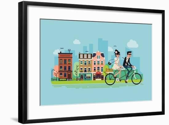 Romantic Vector Concept Illustration on Couple Going Outdoors Riding Bicycle. Young Adult Couple Ri-Mascha Tace-Framed Art Print