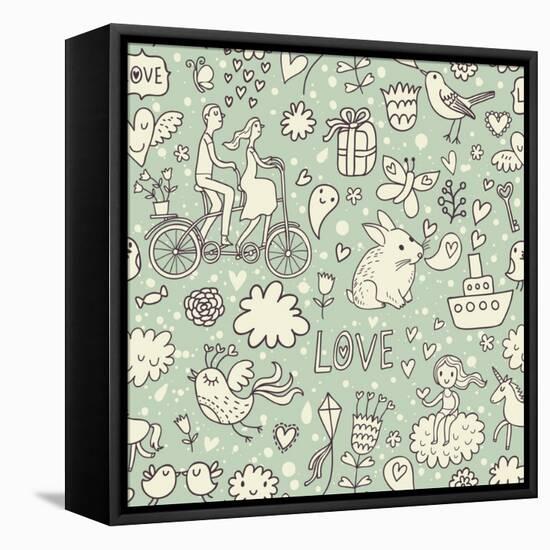 Romantic Vintage Seamless Pattern. Cute Cartoon Illustration in Vector. Rabbits, Couple of Lovers,-smilewithjul-Framed Stretched Canvas