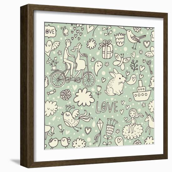 Romantic Vintage Seamless Pattern. Cute Cartoon Illustration in Vector. Rabbits, Couple of Lovers,-smilewithjul-Framed Art Print