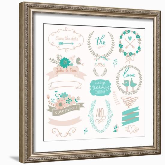 Romantic Wedding Set with Labels, Ribbons, Hearts, Flowers, Arrows, Wreaths, Laurel and Birds. Grap-smilewithjul-Framed Premium Giclee Print