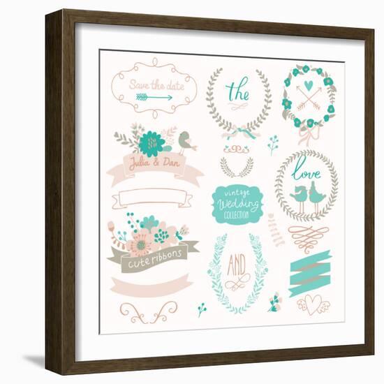 Romantic Wedding Set with Labels, Ribbons, Hearts, Flowers, Arrows, Wreaths, Laurel and Birds. Grap-smilewithjul-Framed Premium Giclee Print