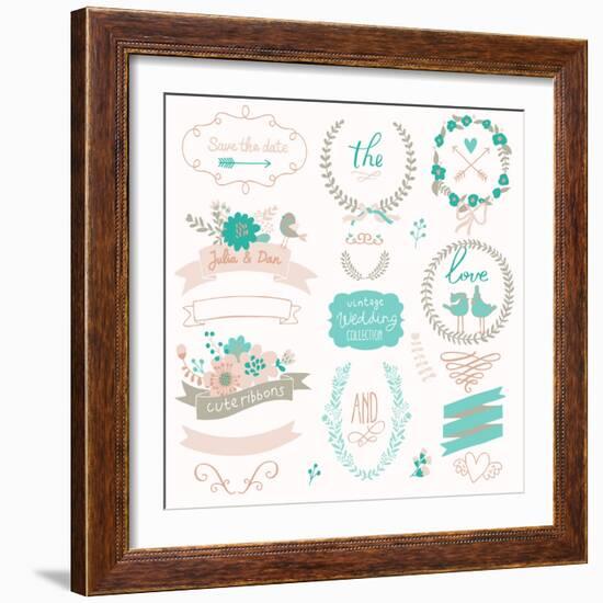 Romantic Wedding Set with Labels, Ribbons, Hearts, Flowers, Arrows, Wreaths, Laurel and Birds. Grap-smilewithjul-Framed Premium Giclee Print