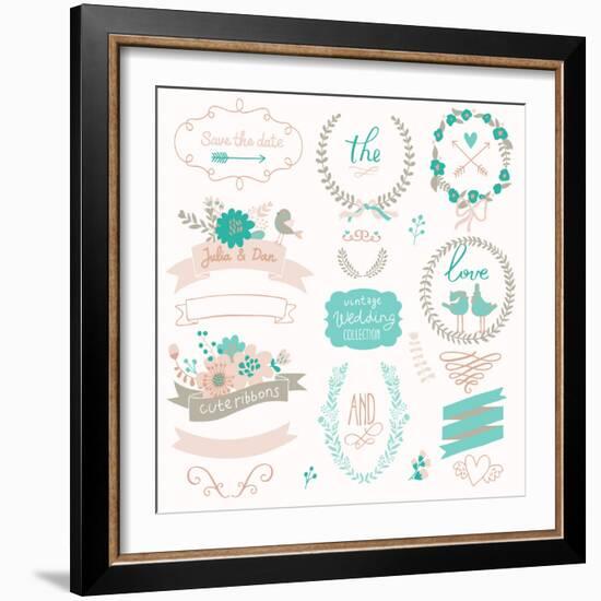 Romantic Wedding Set with Labels, Ribbons, Hearts, Flowers, Arrows, Wreaths, Laurel and Birds. Grap-smilewithjul-Framed Premium Giclee Print