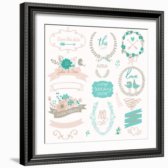 Romantic Wedding Set with Labels, Ribbons, Hearts, Flowers, Arrows, Wreaths, Laurel and Birds. Grap-smilewithjul-Framed Premium Giclee Print