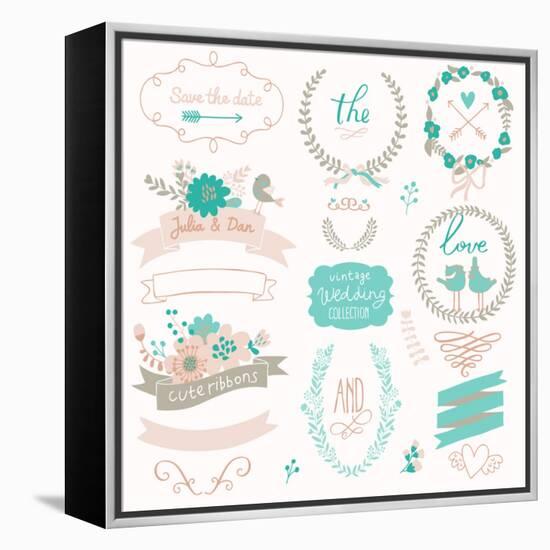 Romantic Wedding Set with Labels, Ribbons, Hearts, Flowers, Arrows, Wreaths, Laurel and Birds. Grap-smilewithjul-Framed Stretched Canvas
