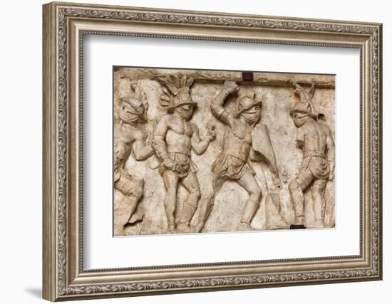 Rome, Italy. Bas relief in the Colosseum of gladiators fighting.-null-Framed Photographic Print