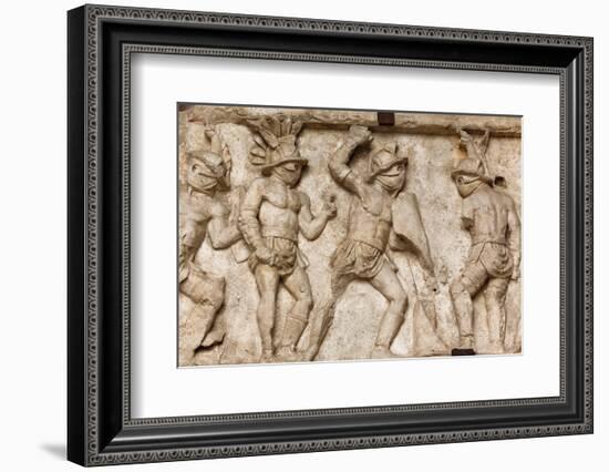 Rome, Italy. Bas relief in the Colosseum of gladiators fighting.-null-Framed Photographic Print