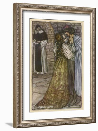 Romeo and Juliet in Embrace at Frair Lawrence's Cell-Arthur Rackham-Framed Art Print